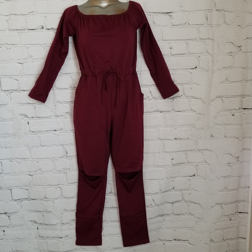 NWT Burgundy Off the Shoulder Long Sleeve Jumpsuit - Picture 3 of 8